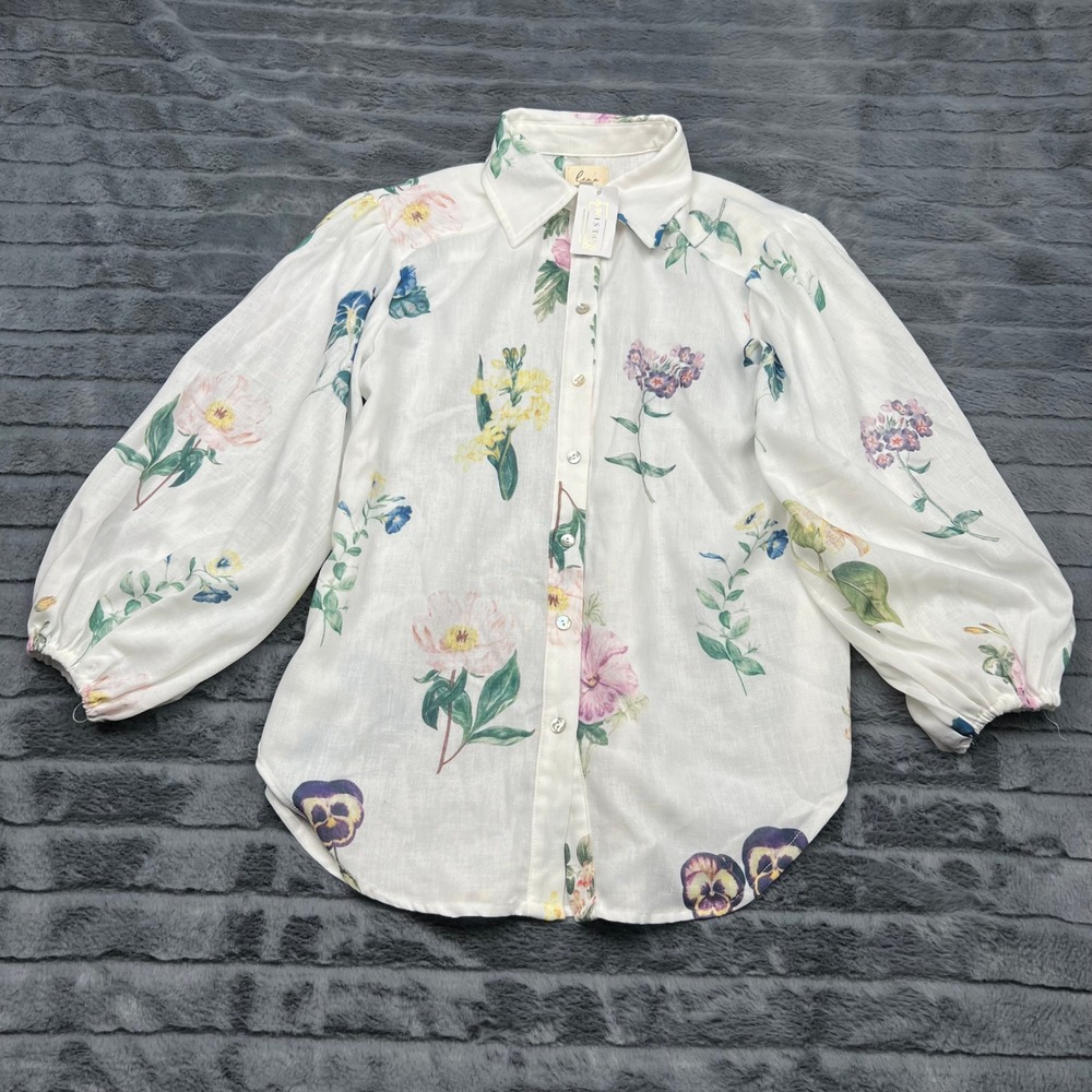 Lena Aniston Lane Flora Top White Floral Puff Sleeve Blouse Small TP1769